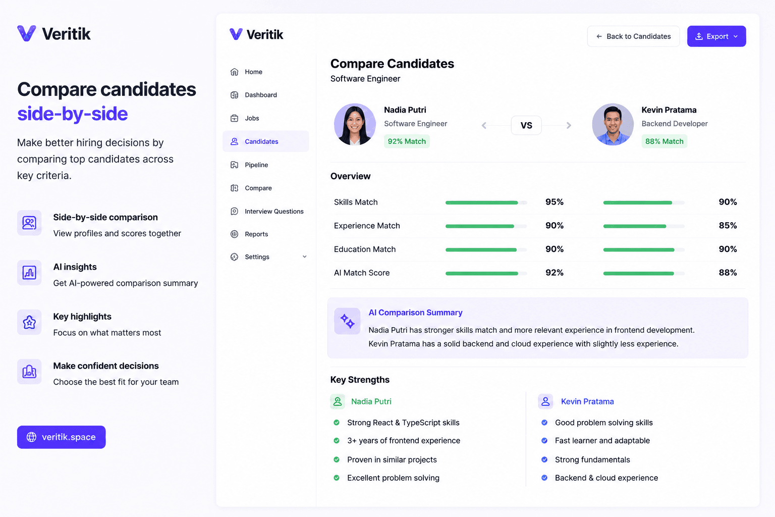 Veritik comparison interface showing candidate information side by side