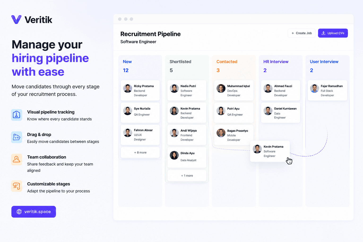 Veritik recruitment pipeline interface showing candidates organized across hiring stages
